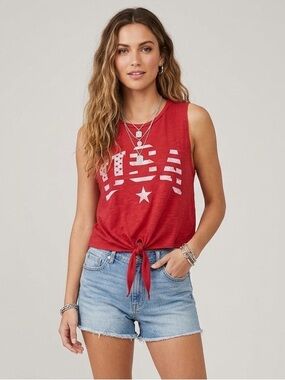 American Rebel Red Tie-Front Cropped Sleeveless USA Graphic Retro Tank